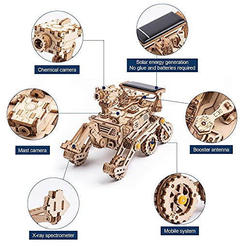 Robotime Solar Powered Stem Toys - Laser Cutting Robot DIY Kits de Modelo de Coche - Rompecabezas de Madera 3D Age 14 3D Puzzles Adult (Curiosity Rover)