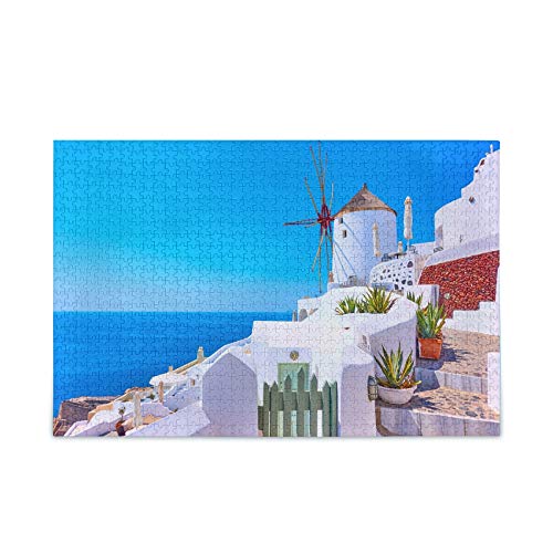 Rompecabezas de 500 piezas para adultos, Grecia Santorini con viejo molino de viento encalado de cartón para adultos