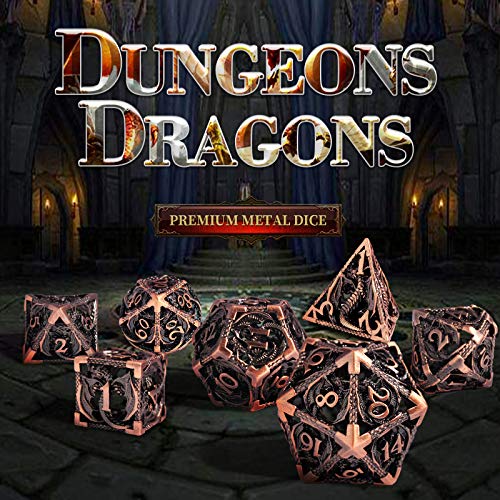 Schleuder D&D Dados Dungeons and Dragons Juegos de rol, Dados de Metal RPG PoliéDricos Hueco Metal Forma de Dragón Dice Set, para Dragones y Mazmorras Juego de Mesa (Cobre Rojo Antiguo)