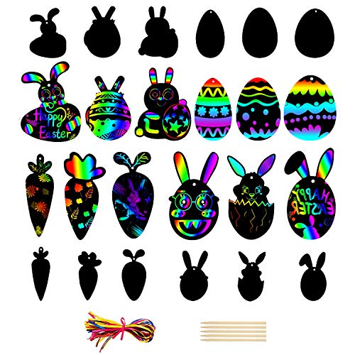 Scratch Art para Niños 36 Pcs，Papel para Rascar de Pascua，Pascua Decoracion，Huevos para Pintar con Cuerda de Colores y Lápiz para Rascar Arte con Arcoíris En Forma Dibujos para Huevos Pascua Decorar