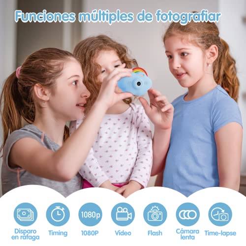 Selvim Cámara Digital para Niños, 1080P 2.4" Selfie Vídeo Cámara Infantil con Fíltro Interesante, con Tarjeta TF de 32GB, Música y Juego, Regalo para niños, Diseño Original de Nube Arco Iris, Azul