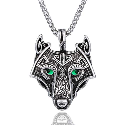 Seraphis Collar vikingo con colgante de cabeza de lobo nórdico y cadena de metal con ojos de diamantes