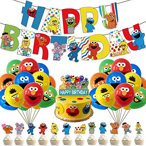 Sesame Street Cumpleaños Decoracion-Tomicy 44 piezas Sesame Street Cumpleaños Fiesta Decoracion de Globos de Fiesta, Adornos para Pastel de Juegos, Feliz Cumpleaños Conjunto De Pancartas