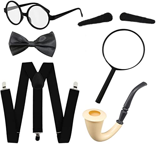 Sherlock Holmes - Juego de disfraz de disfraz para adultos unisex de 1920, accesorios de detective victoriano con tirantes de lupa, para cejas, gafas de fumar para Hen/Stag Night Party Props