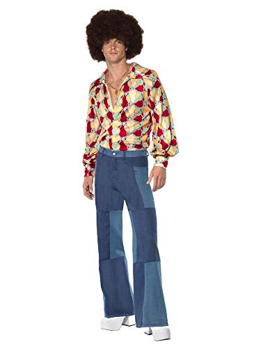 shoperama Disfraz retro de discoteca de los años 70 para hombre, camisa vaquera, pantalones vaqueros, patchwork, botón de baño, bailarina, festival, talla: XL