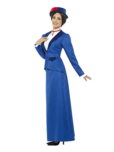 Smiffys-46753L Disfraz de niñera Victoriana, con Chaqueta con Camisa postiza, Falda y som, Color Azul, L-EU Tamaño 44-46 (Smiffy'S 46753L)
