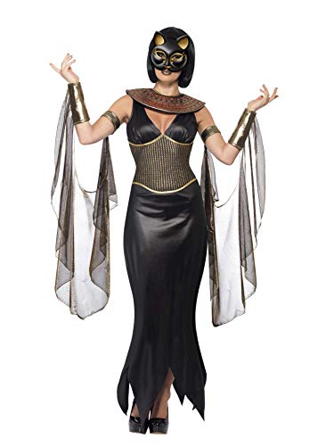 Smiffys Bastet la Diosa del Gato / Vestido con Cuello / Drapeado Mangas y Máscara (L, Negro)