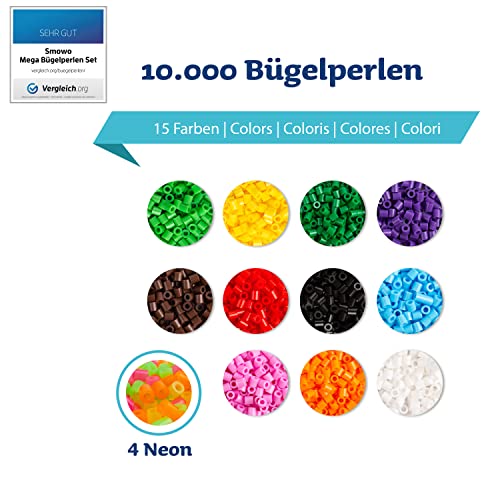 Smowo® Mega Juego de Cuentas Beads con 10.000 Cuentas - 15 Colores - Incluye Placas y Accesorios – Cuentas para Planchar