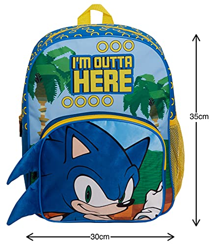Sonic The Hedgehog Mochila para niños grande de la escuela Sega Gold Rings Travel Backpack Sports Bag con soporte para bebidas, Blue, Talla única, Mochila