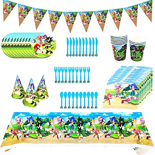 Sonic The Hedgehog Party Supplies Fiesta Decoraciones de cumpleaños Incluye Flatwares Tazas Manteles Servilletas Gorro Banderín para Niños