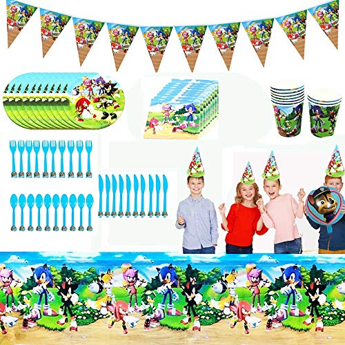 Sonic The Hedgehog Party Supplies Fiesta Decoraciones de cumpleaños Incluye Flatwares Tazas Manteles Servilletas Gorro Banderín para Niños