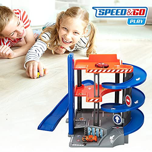 Speed&GO - Parking juguete para niños, con 2 coches de metal, parking 3 niveles, garaje coches juguete, coches de juguetes metálicos, para niños a partir de 6 años (46528)