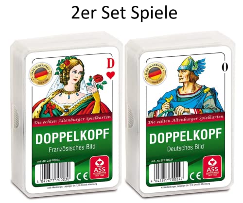Spielkartenfabrik Altenburg Juego de 2 cartas de doble cabeza con imagen francesa y doble cabeza en alemán, en estuche de plástico