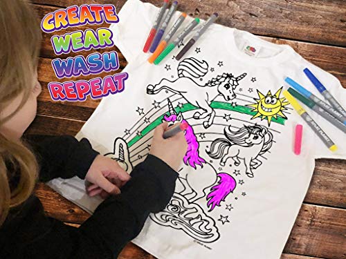 Splat Planet Camiseta infantil con diseño de unicornio. Para pintar y colorear con preimpresión. Incluye 6 rotuladores mágicos lavables. Cumpleaños infantiles, Blanco, 3-4 años