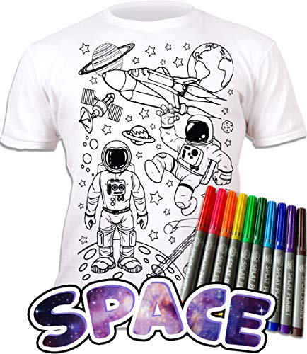 Splat Planet Colour-in Space Man and Space Rocket Camiseta con 6 bolígrafos mágicos no tóxicos lavables – Color en y lavado fuera de la camiseta, Espacio, 9-11 Años