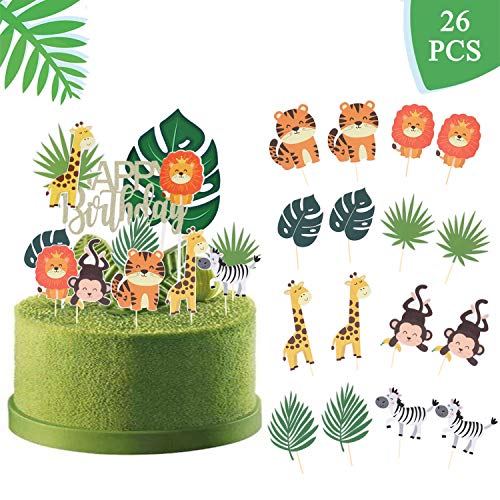 SUNBEAUTY Kit de Globos de Decoración de Fiesta de Cumpleaños de la Selva + Hojas Tropicales + Pancarta de Cumpleaños de Animales + Adorno para Tarta para Niños