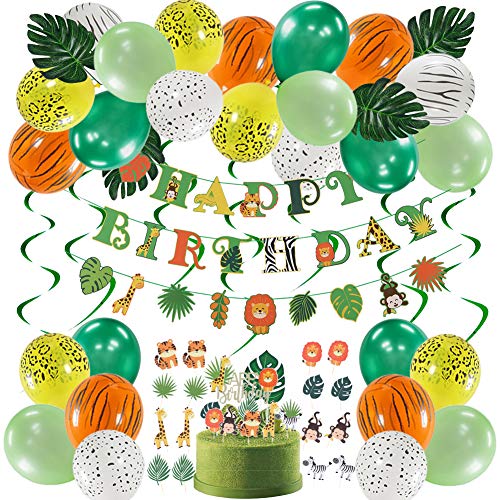 SUNBEAUTY Kit de Globos de Decoración de Fiesta de Cumpleaños de la Selva + Hojas Tropicales + Pancarta de Cumpleaños de Animales + Adorno para Tarta para Niños