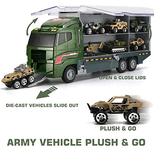 SWUNXION Paquete de 26 en 1 camión de Transporte Militar con Juego de Soldados para Hombres, Mini Coche de Batalla Fundido a presión en camión de Transporte, vehículo de Doble Cara