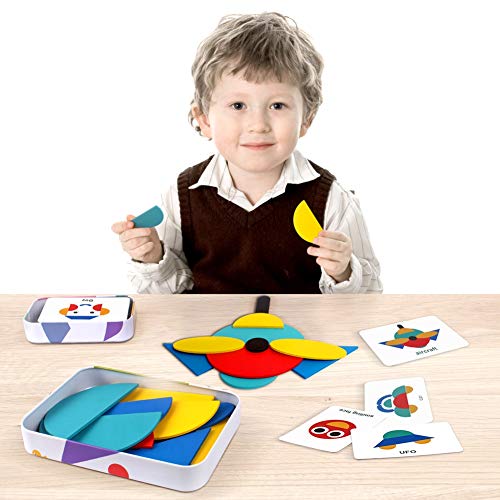 Tangram de Madera, 36 Montessori Puzzle de Madera + 60 PCS Diseño Tarjetas, Rompecabezas Formas Geometricas Bloques, Apilamiento Juguetes para Niños 3 4 5 Años