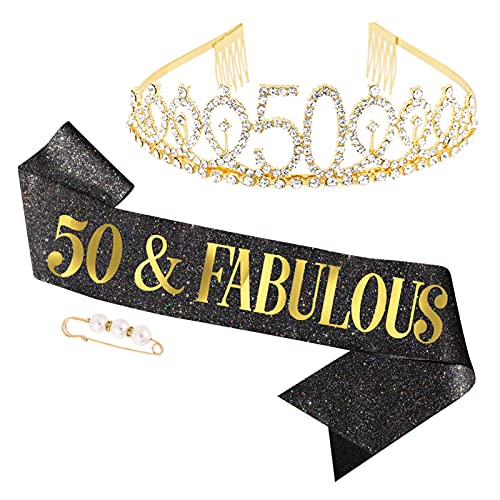 tao pipe 50años Corona Cumpleaños Mujer Cinturón Cumpleaños Tiara Corona de Diamantes 50 años Decoración Fiesta Cumpleaños( Oro)