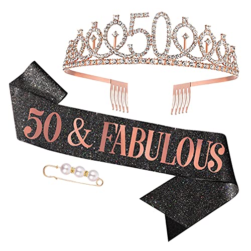 tao pipe 50años Corona Cumpleaños Mujer Cinturón Cumpleaños Tiara Corona de Diamantes 50 años Decoración Fiesta Cumpleaños( Oro Rosa)