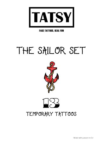 Tatuajes Temporales Tatsy, Marinero Set, Diseño Original Y Oldschool, Marino, Diversión, Fiesta, Para Hombre Y Mujer, Adultos, Ancla, Sirena, Barco, Timón