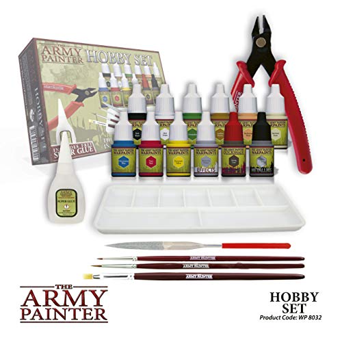 The Army Painter | Hobby Set 2019, 12 ml | 12 Pinturas Acrílicas | 3 Pinceles Hobby | Accesorios y Pegamento | Wargames | Juegos de Mesa | Pintura de Figuras Miniatura