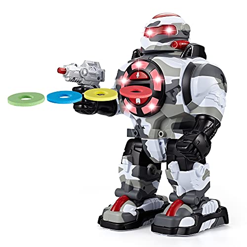 Think Gizmos RoboShooter: Impresionante Robot de Juguete de Control Remoto con grabación de Voz, Discos de Espuma de Disparo rápido, Reproduce música de Baile y Bailes (Blanco Camuflaje)