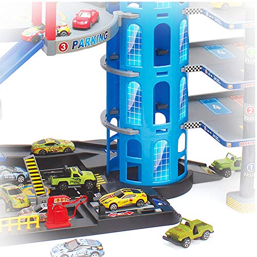 TikTakToo Juego de aparcamiento con coches y muchos accesorios para niños, garajes, aparcamientos, garajes, coches de juguete parcialmente con helicóptero con estación de gasolina.