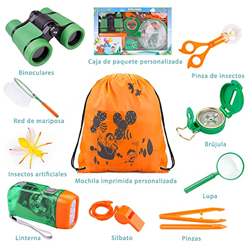 Tintec Kit Explorador Niños, Juguetes de Exploración 33 Piezas Al Aire Libre para Niños de 3-10 Años, Juguetes Niños Educativos Regalo de Cumpleaños con Mochila Brújula Binocular Insectos Linterna