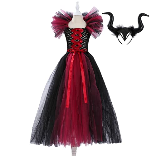 TMOYJPX Disfraz Halloween Niña Bruja de Malla 2 - 12 años - Disfraces Vestido Niña Princesa Rendimiento y Sombrero de Cuernos Ropa Costume Vestirse Fiesta (B~Vino tinto, 10-12 años)