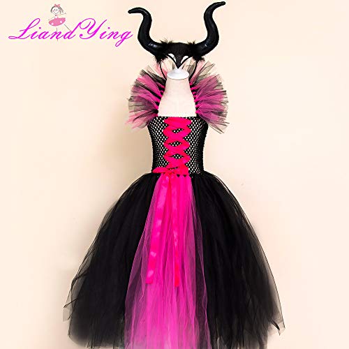TMOYJPX Disfraz Halloween Niña Bruja de Malla 2 - 12 años - Disfraces Vestido Niña Princesa Rendimiento y Sombrero de Cuernos Ropa Costume Vestirse Fiesta (A~Rosa caliente, 6-7 años)
