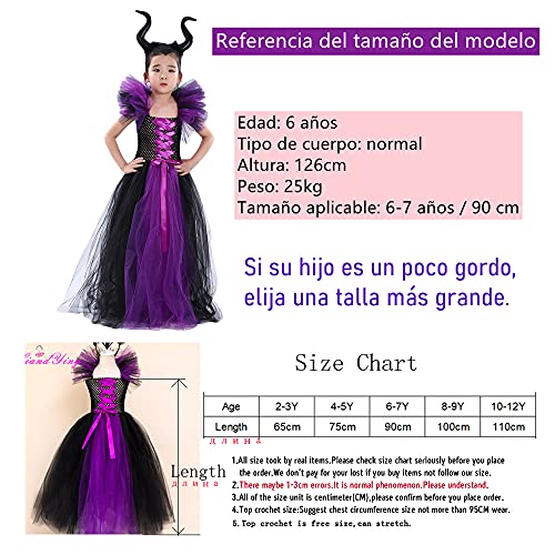 TMOYJPX Disfraz Halloween Niña Bruja de Malla 2 - 12 años - Disfraces Vestido Niña Princesa Rendimiento y Sombrero de Cuernos Ropa Costume Vestirse Fiesta (A~Rosa caliente, 6-7 años)