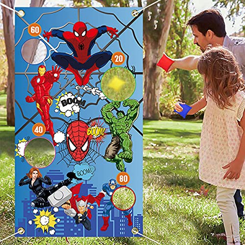 Tomicy Carnival Spiderman Banner con 3 Bean Bags Circus Bean Bag Toss Juego para Las Actividades de la Fiesta de Spiderman, Materiales de Fiesta de Spiderman, Grandes Decoraciones de Carnaval