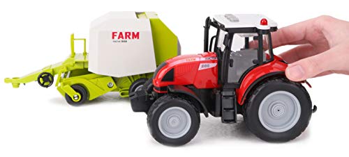 Toyland® Tractor y Remolque Rojo de 37 cm con Luces y Sonido - Juguetes agrícolas para niños (Tractor y empacadora)