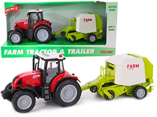 Toyland® Tractor y Remolque Rojo de 37 cm con Luces y Sonido - Juguetes agrícolas para niños (Tractor y empacadora)