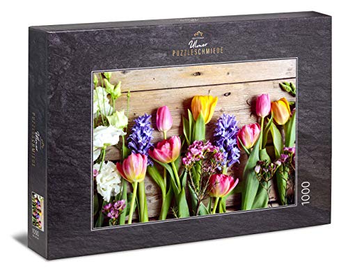 Ulmer Puzzleschmiede - Puzzle Flores de Primavera - Puzzle de 1000 Piezas - Tulipanes Coloridos y Flores primaverales
