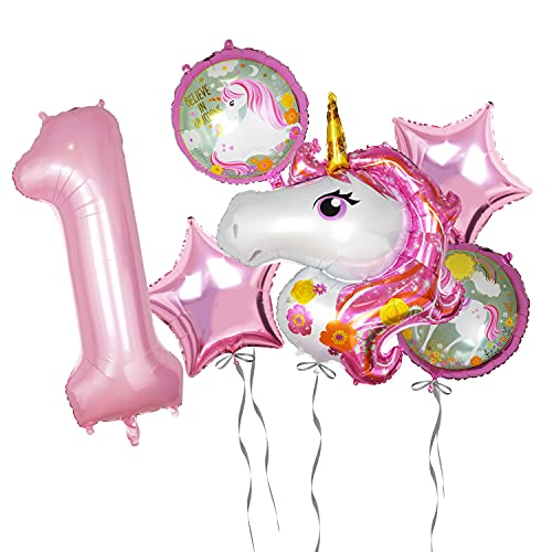 Unicornio Decoración Cumpleaños 1 Años Globos Números Gigantes Unicornio Globo Rosa para Decoración Fiesta Cumpleaños Niña (numero 1)