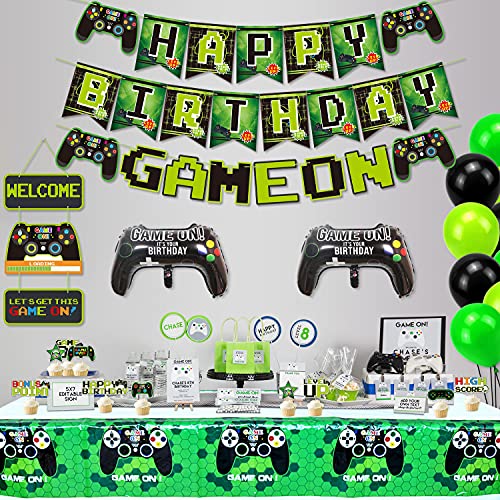 Vídeo de fiesta accesorios de fiesta Happy Birthday Gaming Banner, cortinas de película de videojuegos, manteles, cubiertas de tartas y globos para niños y jóvenes, decoración de fiesta de cumpleaños