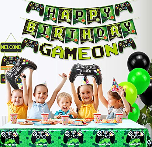 Vídeo de fiesta accesorios de fiesta Happy Birthday Gaming Banner, cortinas de película de videojuegos, manteles, cubiertas de tartas y globos para niños y jóvenes, decoración de fiesta de cumpleaños
