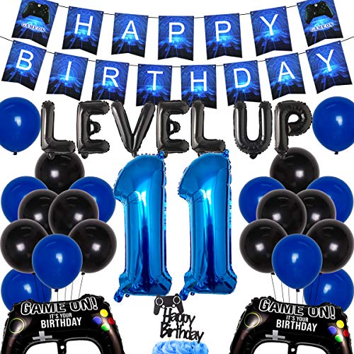 Videojuegos Decoraciones para el 11 ° cumpleaños para niños - Suministros para fiestas de nivel superior Feliz cumpleaños Banner para juegos Decoración para tartas Controlador de juegos Globos