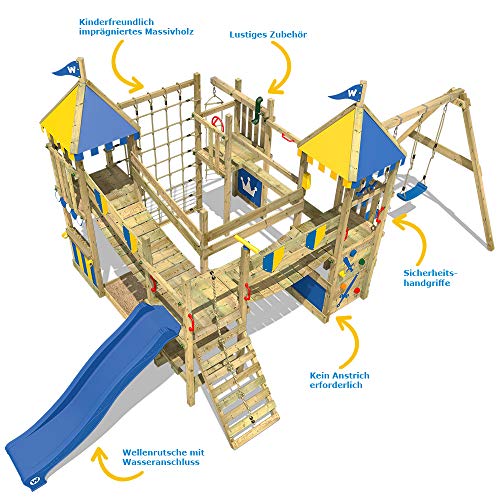 WICKEY Parque infantil de madera Smart Queen con columpio y tobogán verde, Torre de escalada de exterior con arenero y escalera para niños
