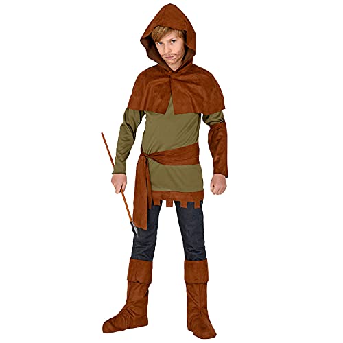 WIDMANN 30066 30066 - Disfraz infantil de Robin of Sherwood, parte superior, protectores de brazos, capa de hombro con capucha, cinturón, cubrebotas, héroe, medieval, multicolor, 128 cm/5-7 años