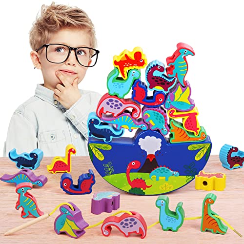 WolinTek Juguete Apilable Dinosaurio de Madera,Montessori Juguetes de Madera, Apilable de Bloques Infantil de Madera, Juego de Educativos Montessori Regalos para Niños Niñas de 3 4 5 Años