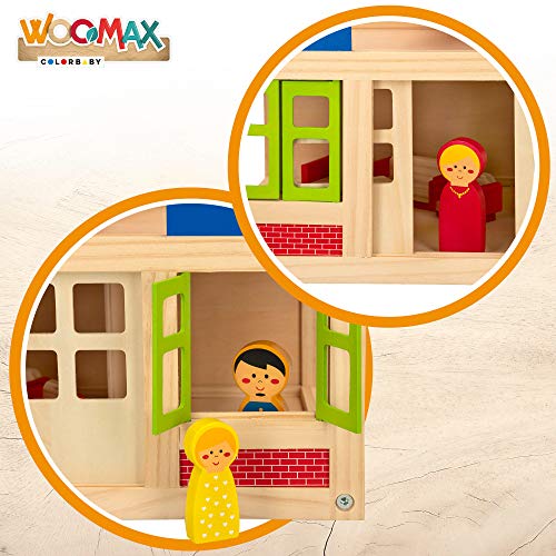 WOOMAX - Casitas de muñecas de madera con muebles, WOOMAX, con 2 muñecos, 39,5x24,5x37x5 cm, 2 plantas, casita madera muñecas, muebles madera casa muñecas, +3 años (46477)