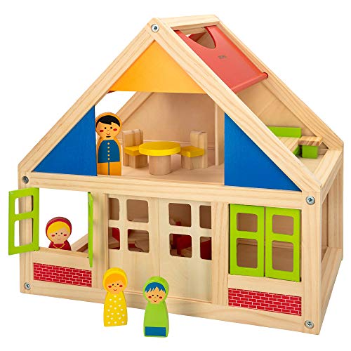 WOOMAX - Casitas de muñecas de madera con muebles, WOOMAX, con 2 muñecos, 39,5x24,5x37x5 cm, 2 plantas, casita madera muñecas, muebles madera casa muñecas, +3 años (46477)