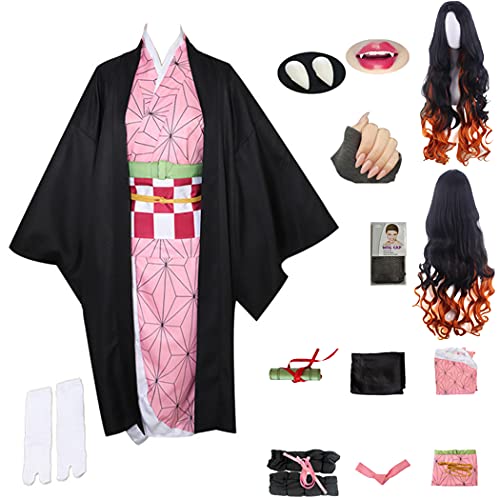 WPYY Disfraz de anime japonés Demon Slayer Kamado Nezuko Cosplay, disfraz de Halloween con cubierta de pelo y calcetín, peluca de uñas y dentadura para cosplay, Aldult, XXL