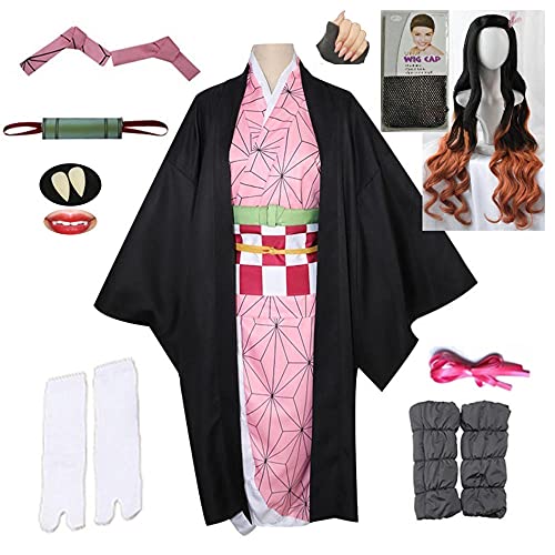 WPYY Disfraz de anime japonés Demon Slayer Kamado Nezuko Cosplay, Kimono femenino, con funda de pelo de calcetín, peluca de uñas y dentadura para cosplay, Niño, XL