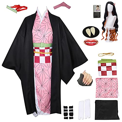 WPYY Kimono femenino de Kamado Nezuko, con un conjunto completo de accesorios, para Halloween, fiesta temática de adultos, disfraz de cosplay, Niño, S