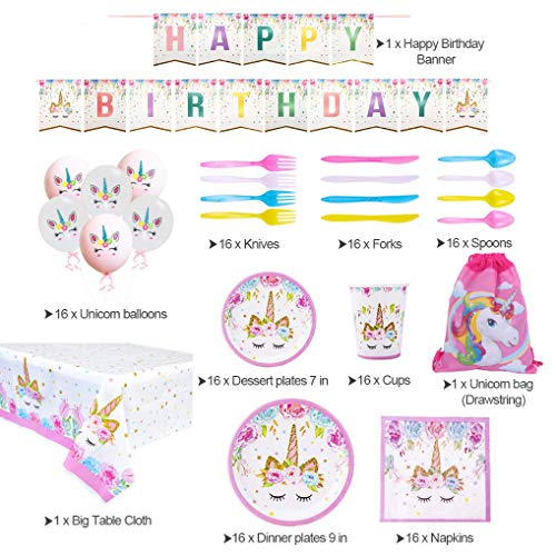Yidaxing 131 Piezas Decoraciones Cumpleaños Unicornio, Unicorn Party Kit Mantel Cubierta Feliz Cumpleaños Banner Bolsa Globos Unicornio para Niños Cumpleaños Niñas (16 Invitados)